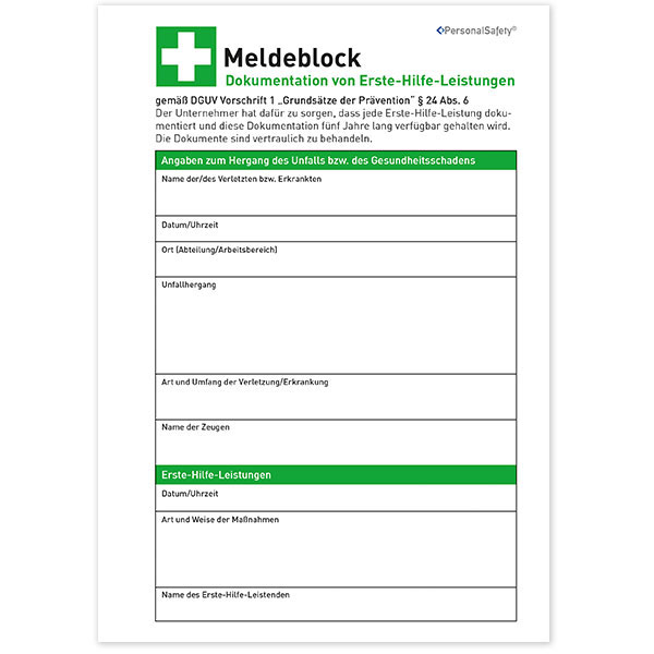 Dokumentation der Erste-Hilfe-Leistungen (Meldeblock/Verbandbuch) -  Unfallkasse Hessen – Ihre gesetzliche Unfallversicherung